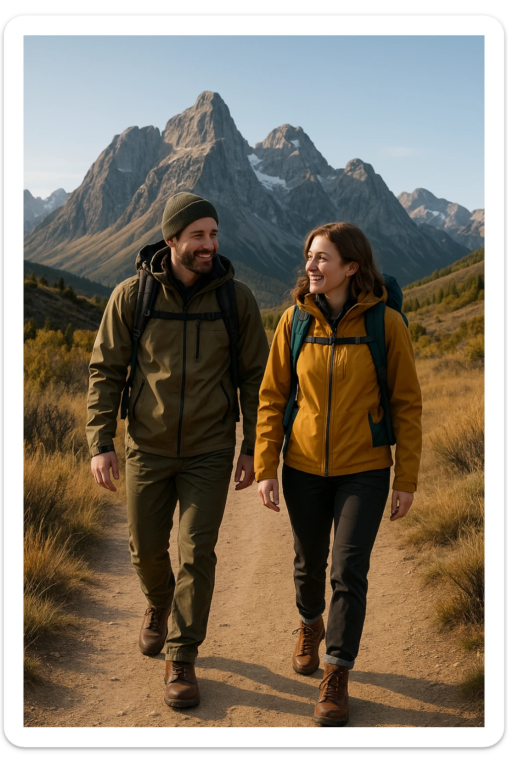 a gentleman and a lady hiking together, both in outdoor gear, with a mountain background sticker
