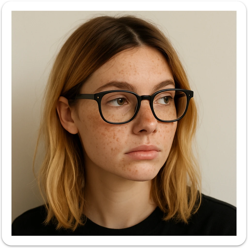 blonde girl with brown roots, freckles, and black frame glasses, looking to the side, minimal background sticker