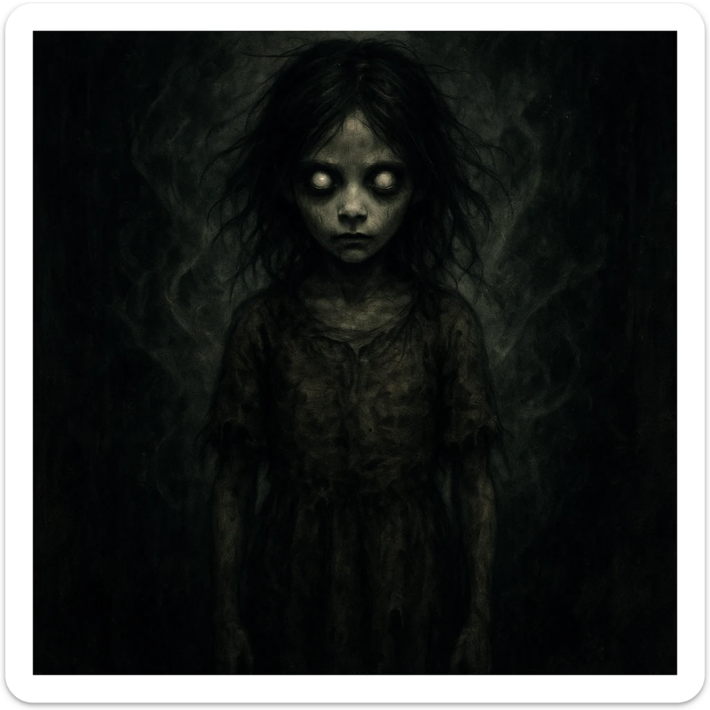 creepy girl, unsettling stare, tattered clothes, supernatural aura, horror illustration sticker