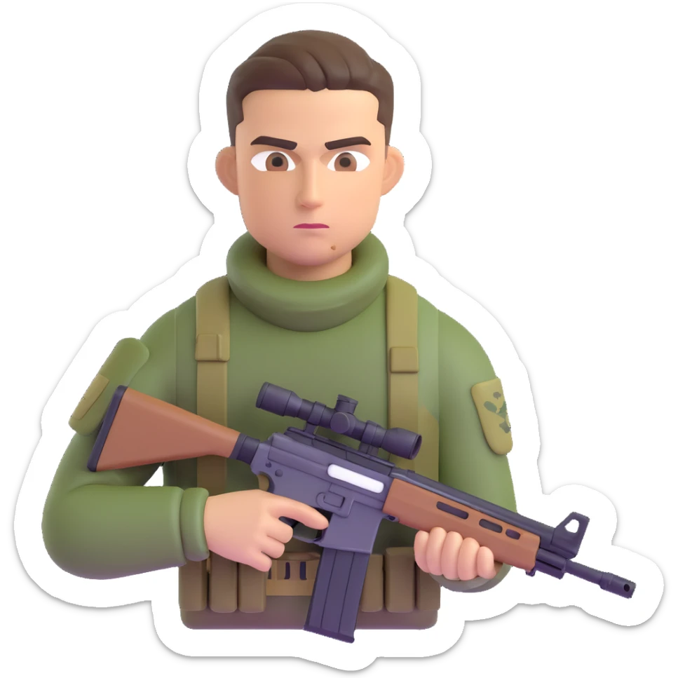 Add camouflage face paint to the muscular soldier, keep the slicked-back hair and sniper rifle, preserve 3D emoji style, no background. sticker
