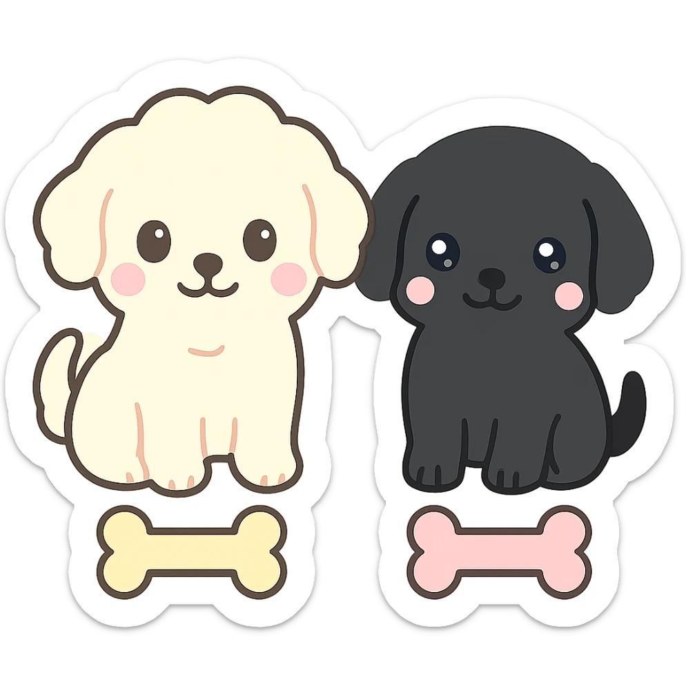 Change the smaller dog to a true black color while keeping the kawaii style and transparent background. Leave the larger dog and the bone treats unchanged. sticker