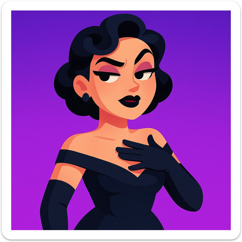 cute animated 3D cartoon character of a glamorous woman with short black hair in elegant curls, wearing a dark navy blue off-shoulder gown and long black gloves, confident slightly smug facial expression with bold dark makeup including black lipstick and sharp eyebrows, hand placed on chest as if in disbelief or sass, bright purple gradient background, mobile game character art style sticker