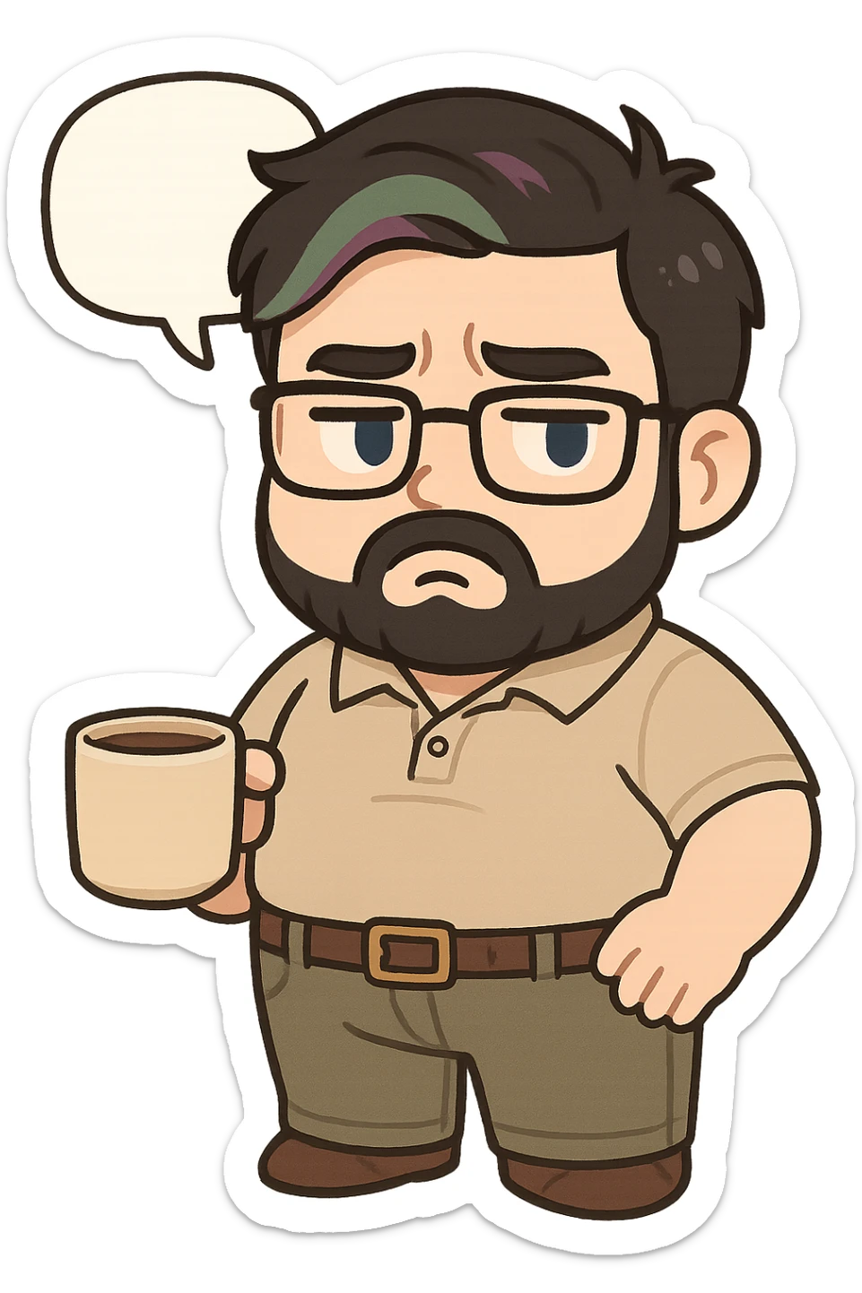 A realism art illustration art style of handsome plus-size man with black hair and a purple to green ombre streak, black beard, blue eye, glasses, dressed like a dad, holding a coffee mug, blank speech bubble, frowning  sticker