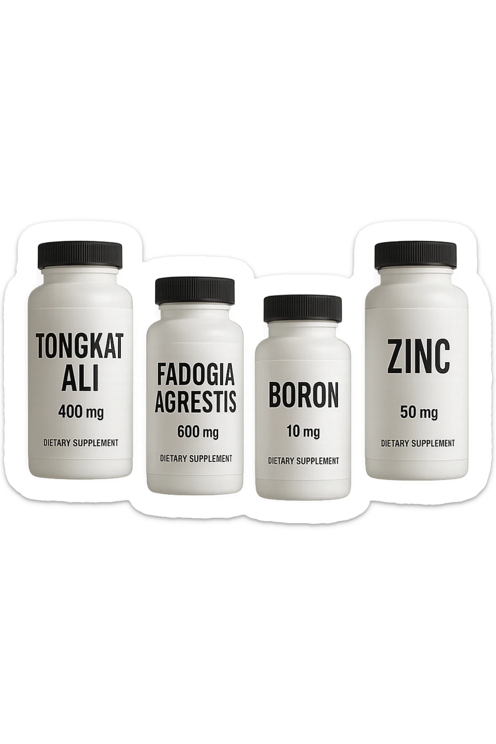 4 boccette di integratore: Tongkat Ali, Fadogia Agrestis, Boron e Zinco fluttuano in aria verticalmente sticker