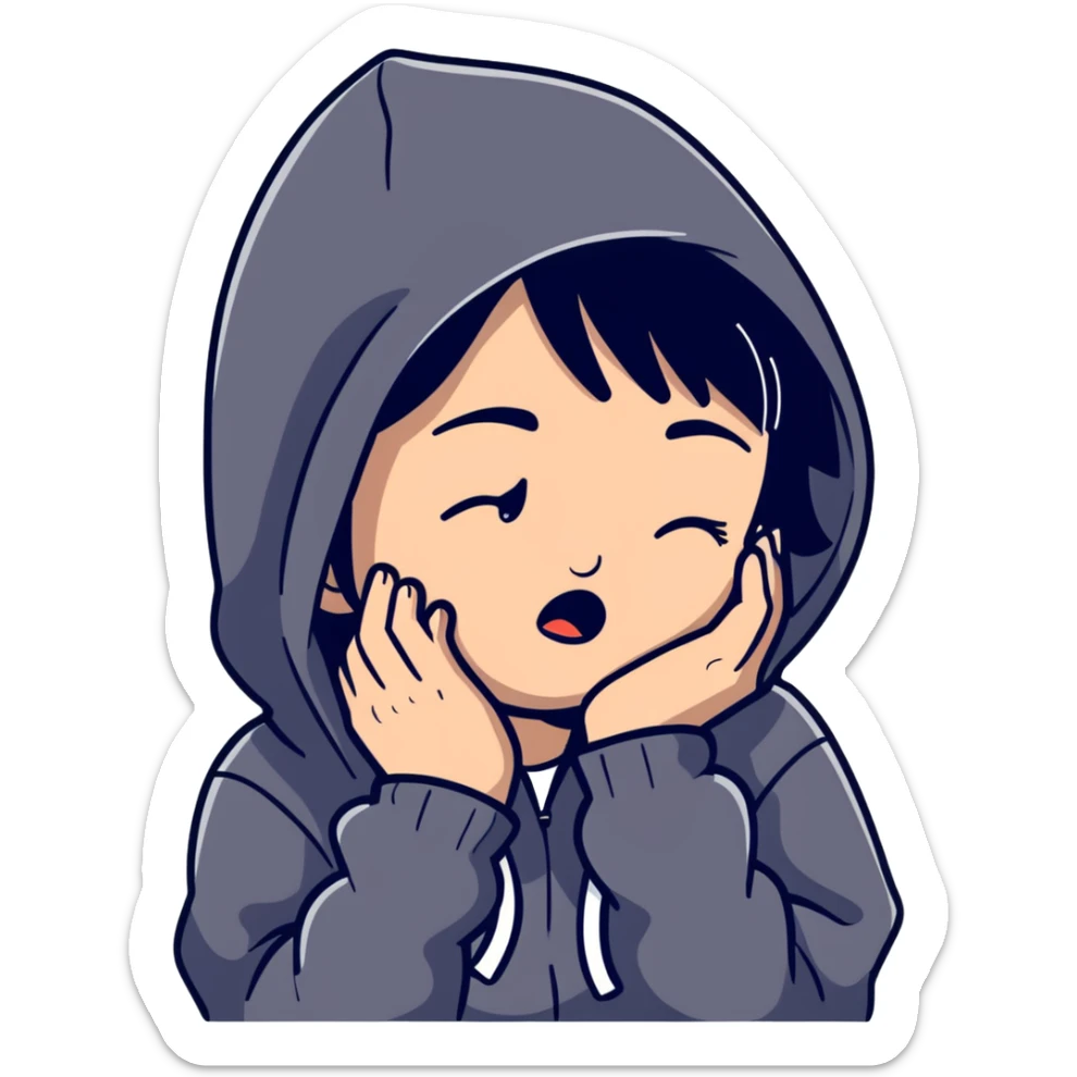 girl with black hair crying wearing a black hoodie sticker