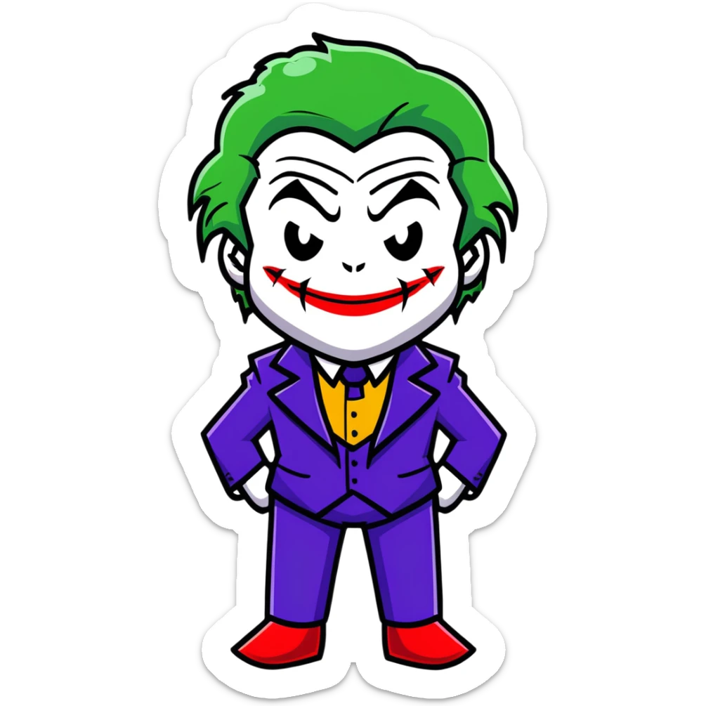 The Joker villain full body with green hair, purple suit, white face, red lips, sinister smile sticker