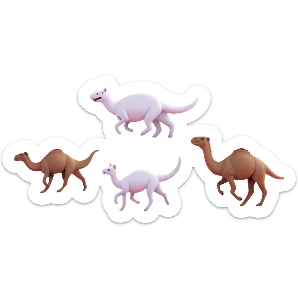A white cat chasing a T-Rex in the desert with a herd of camels staring at them sticker