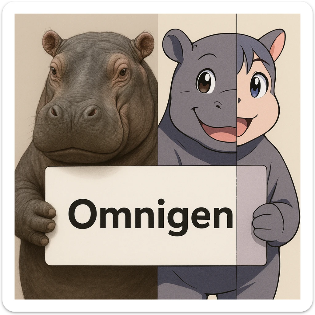 two hippo holding sign of omnigen, half picture 1 hippo is realistic another half is the anime of that same second hippo, with before after mark sticker