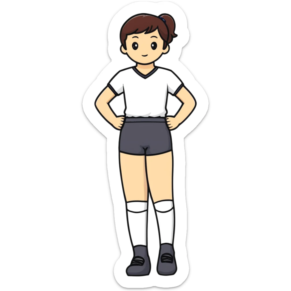 person standing with legs apart, wearing three-point shorts and black pantyhose sticker