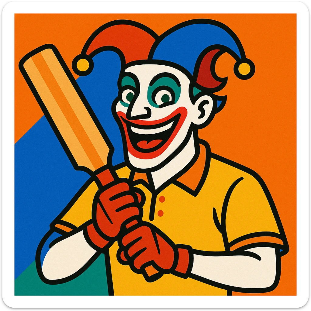 joker character wearing a yellow cricket jersey, holding a cricket bat, expressive, vibrant colors sticker