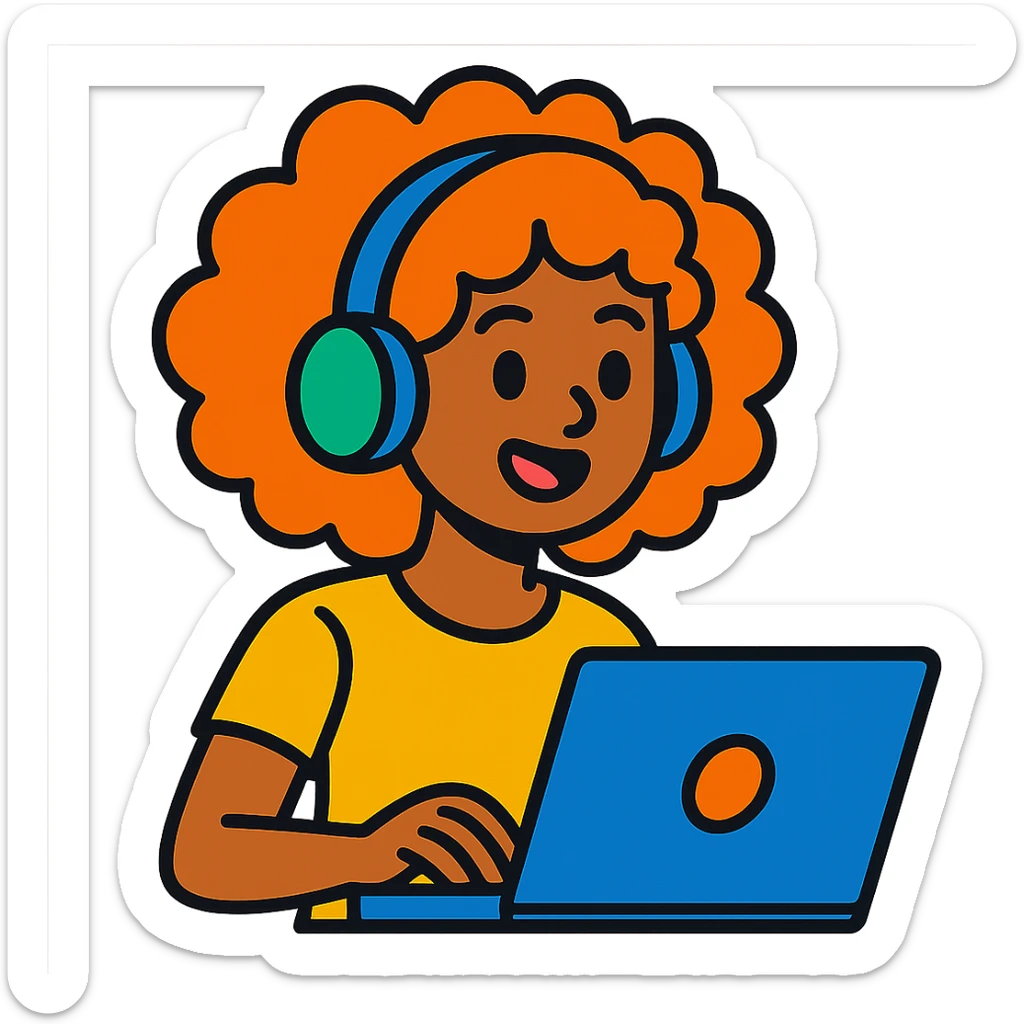 vibrant toon style curly hair girl with headphones and a laptop sticker