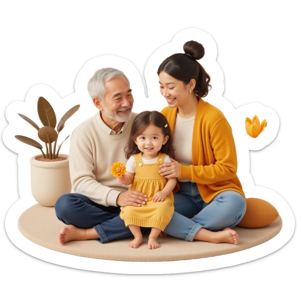 family photo featuring a multigenerational group with grandparents, parents, and child, lifelike details, warm inviting background, skeuomorphism style sticker