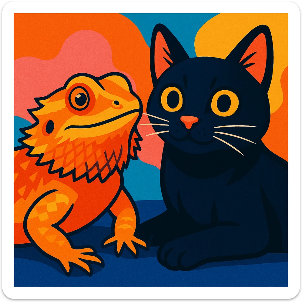 a bearded dragon and a black cat together, friendly, detailed, vibrant toon style sticker