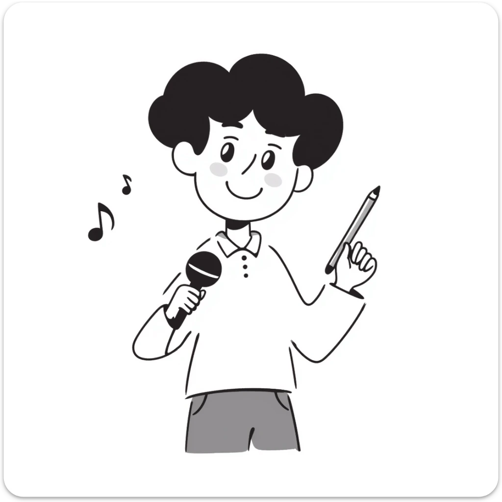 excited happy musician smiling, holding a microphone in one hand and a pencil in the other hand sticker