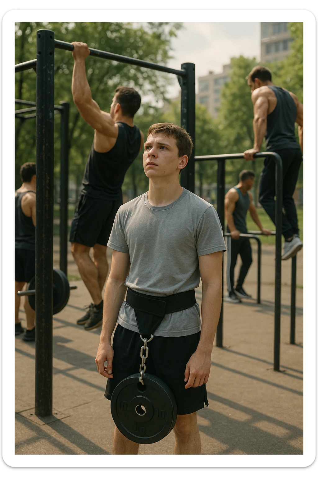 Giovane atleta neofita, fisico normale e non ancora sviluppato, si allena per la prima volta in uno spazio urbano per streetlifting: sbarra per trazioni, parallele, e pesi appesi alla cintura. L’ambiente è un parco cittadino o un’area outdoor sportiva, con luce naturale. L’atleta guarda la sbarra con determinazione e un po’ di insicurezza, ma con forte motivazione. Intorno, altri atleti più esperti. Stile realistico, atmosfera motivazionale, toni energici ma credibili, senso di inizio di un percorso sticker