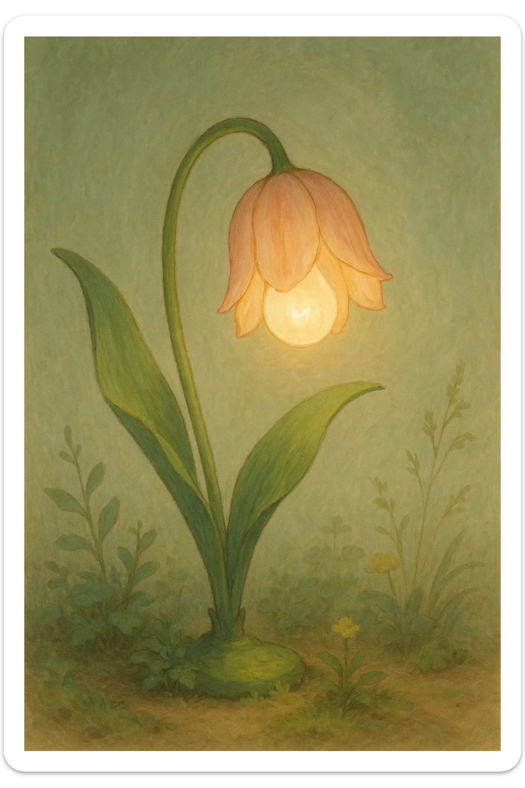 a lamp made out of a tulip flower, the bulb in the flower, natural colors, soft, fairy-like atmosphere,  sticker