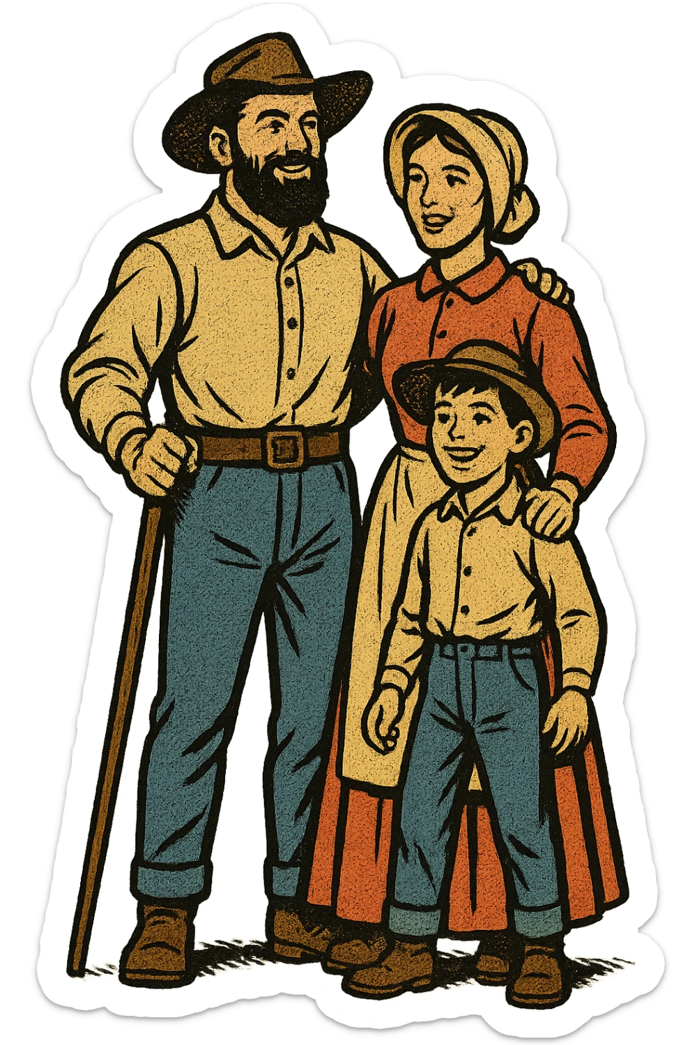 The full bodies of a pioneer homestead family from the 1860s who are looking forward to their new life in the American West. There is one father, a mother and a young boy standing close together.  sticker