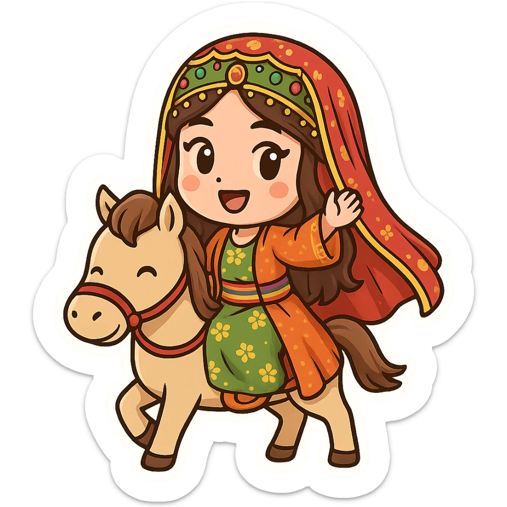 cartoon Kurdish bride wearing traditional female clothes, riding a horse, in a separate frame designed for bride, happy and colorful, no text, suitable for WhatsApp and Instagram sticker, transparent background sticker