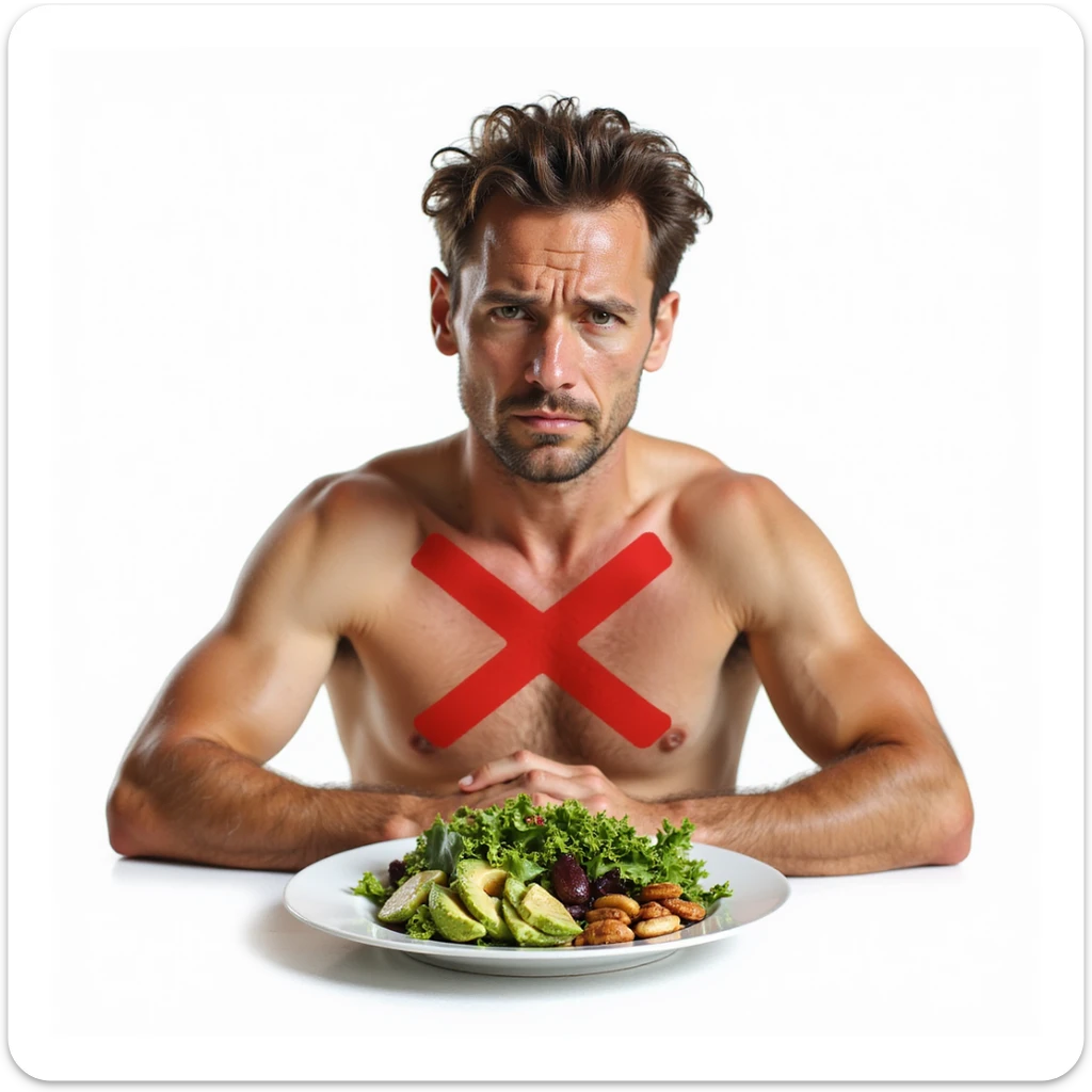 realistic man with dry skin and dull hair sitting in front of a plate with only salad and a large red X over healthy fatty foods like avocado, nuts, olive oil, sad expression, Italian caption: 'Senza grassi buoni: salute e aspetto a rischio', isolated on white background sticker
