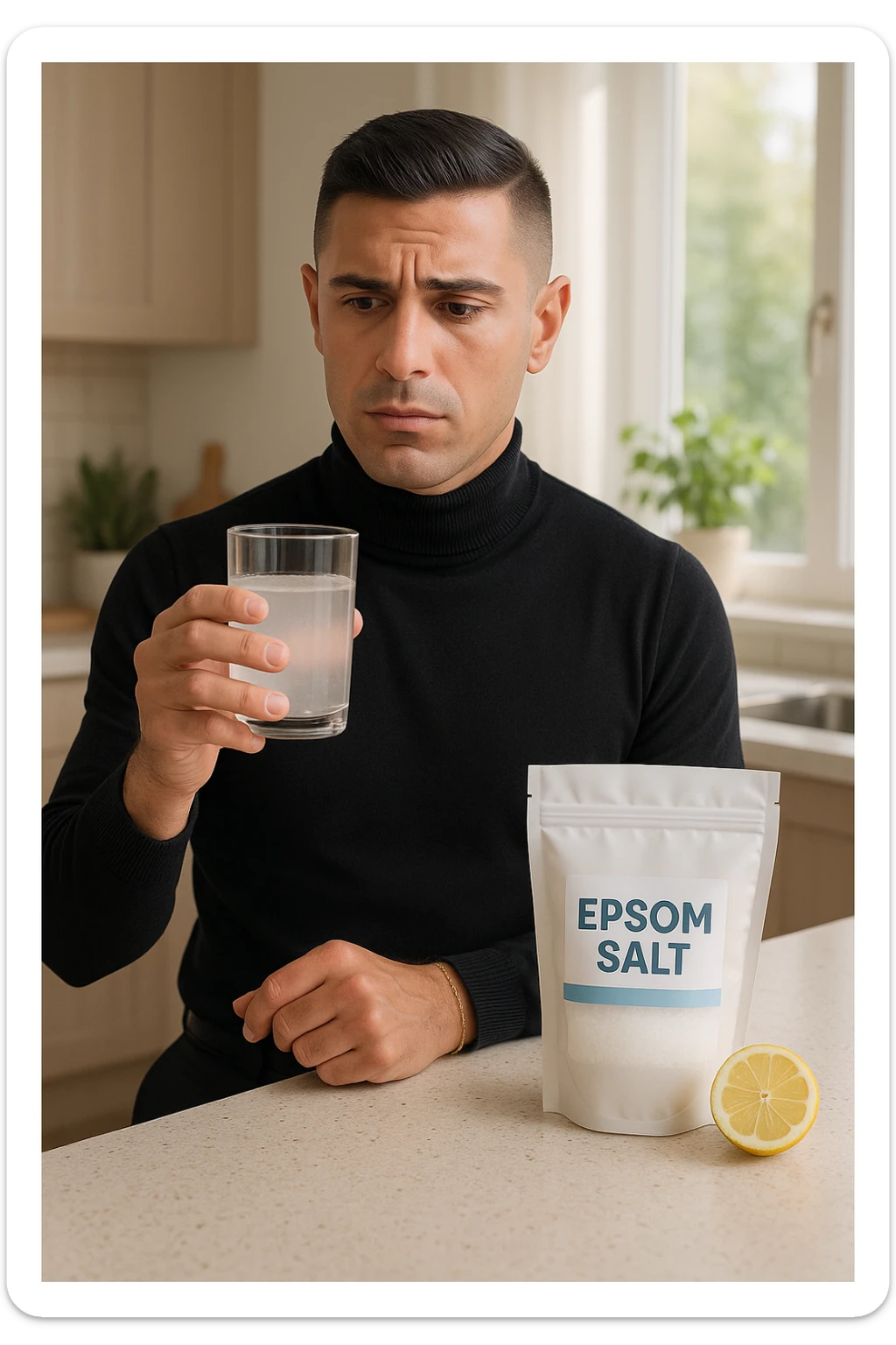 A realistic, bright photo-style image of a young man in his 30s standing in his kitchen, holding a clear glass filled with water in which Epsom salt (magnesium sulfate) has been dissolved. He looks focused but slightly uncertain as he prepares to drink it for a liver flush or digestive cleanse. The glass shows slight cloudiness from the dissolved salt. On the counter are a packet labeled 'Epsom Salt' and a sliced lemon, suggesting he might use it to mask the taste. The setting is clean, natural, and bright with neutral tones. The background shows sunlight streaming through a window, emphasizing a clean, minimalist health-focused environment. The mood conveys a realistic, calm moment of self-care with a hint of discomfort, illustrating a natural detox practice in italiano sticker