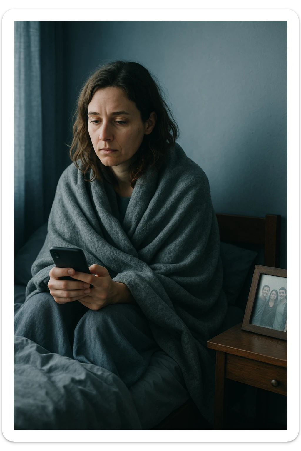 Donna tra i 30 e i 35 anni seduta da sola in una stanza, avvolta in una coperta, guarda il telefono ma non risponde ai messaggi. Sul comodino, una foto con amici, leggermente coperta dalla polvere. Sguardo perso nel vuoto. La stanza trasmette solitudine e distacco. Colori freddi, luce naturale tenue sticker