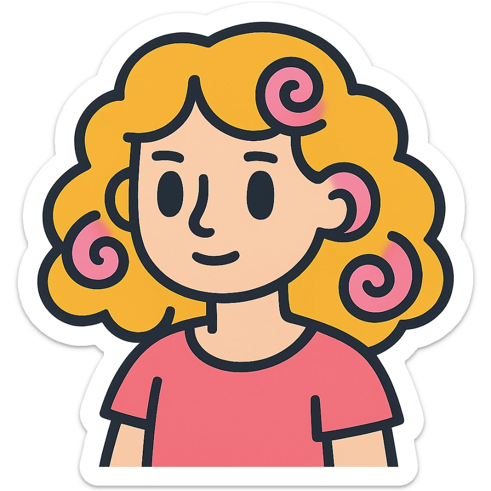 pale girl with medium-length curly blonde hair and baby pink swirls sticker