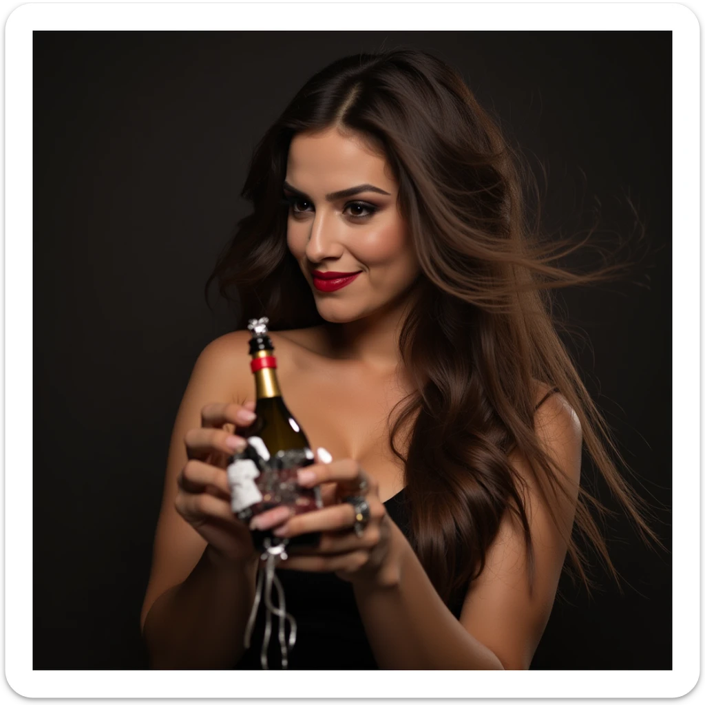 Art of nude woman's very sexy body scheme anatomy-bare shoulders and black eyes-very long straight brunette hair spreading legs and showing her pussy in seductive pose. New year elements: champagne gift sticker