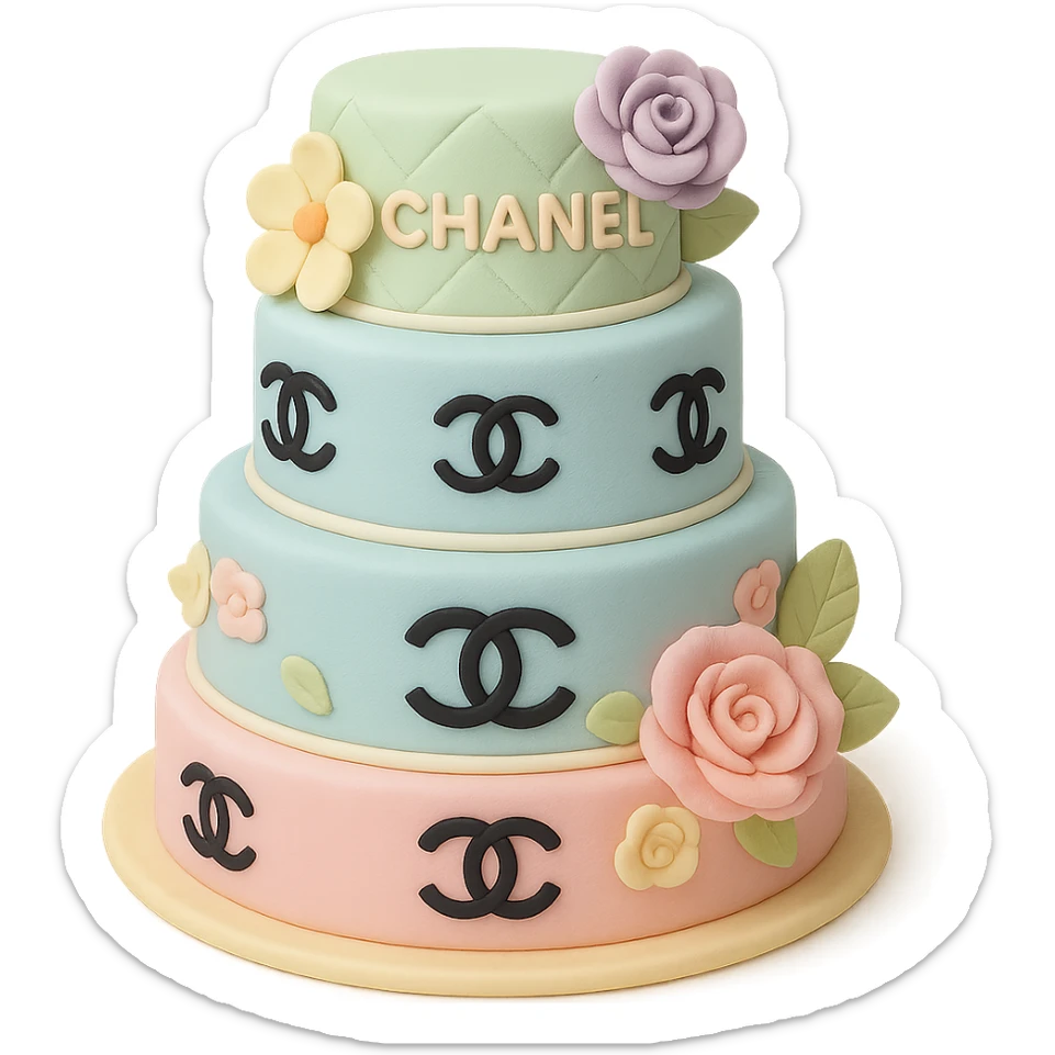 tiered Chanel cake in pastel colors with logo patterns and delicate fondant flowers, fondant cake art style sticker