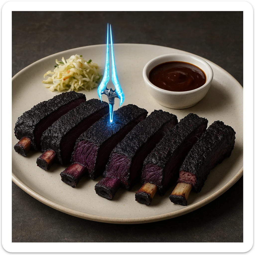 a delicious plate of smoked ribs, the color of the meat is succulent dark blackish purple, the 5 Michelin star dish is plated with a tiny energy sword piercing the center sticker