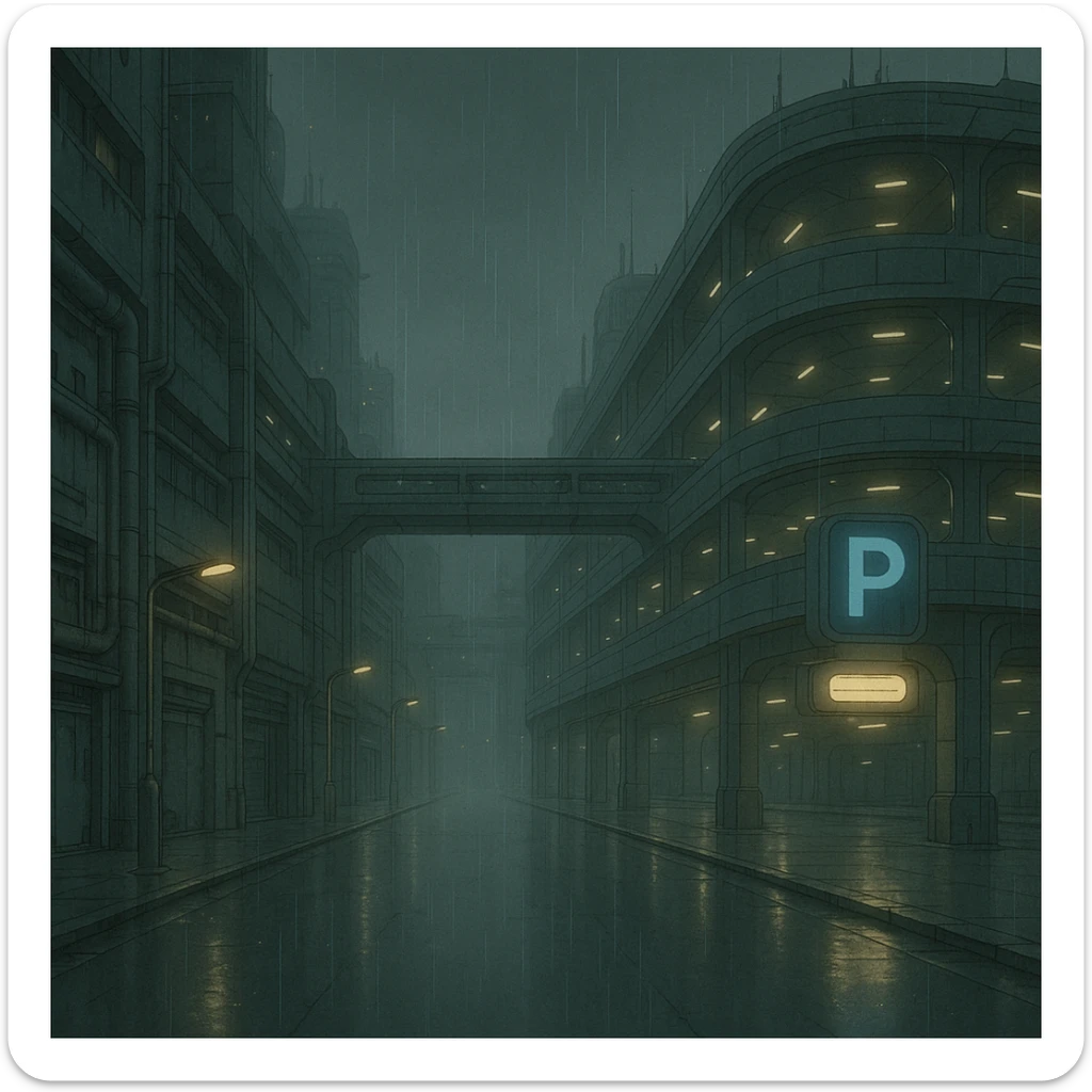 a dark, drab industrial street, dim lights, thick fog and rain. no cars. parking structure. pre-twilight gray. dystopian futurepunk, but the streets are clean, massive structure, very futuristic sticker