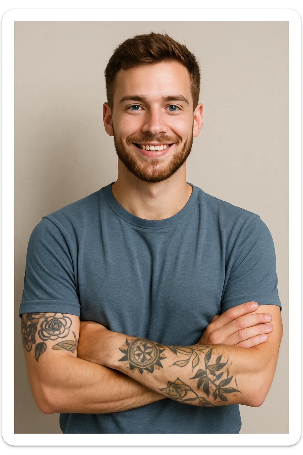 A confident, smiling man, 25, blue eyes, brown hair, short beard, arms crossed, tattoos visible on his left arm. sticker