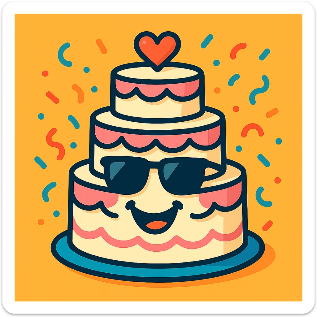 smiling wedding cake with sunglasses and confetti, humorous and festive, ideal for engagement or wedding stickers sticker