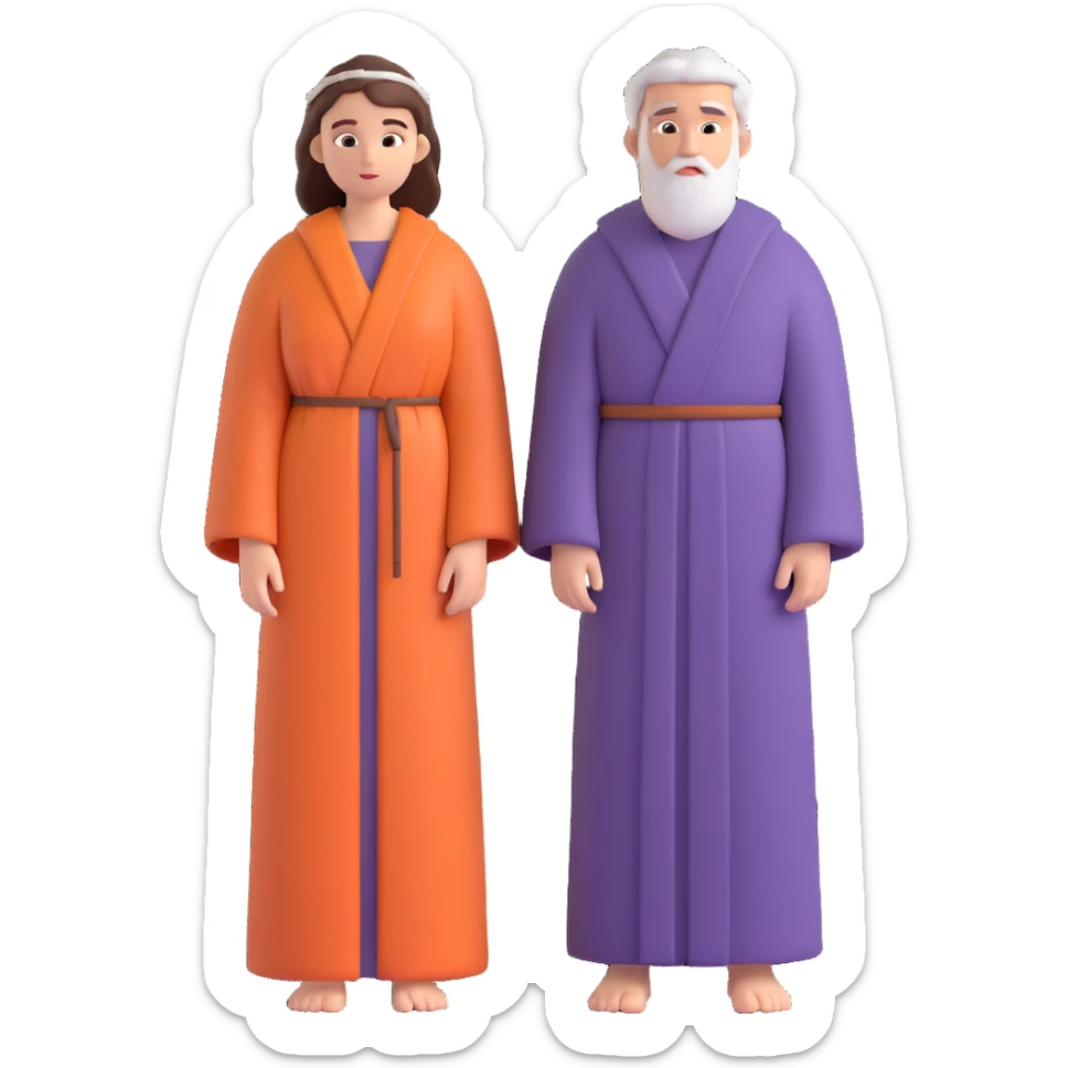 fullbody Jerusalem man and woman standing side by side, 1st-century robes, hair visible, no headscarves, no religious symbols sticker