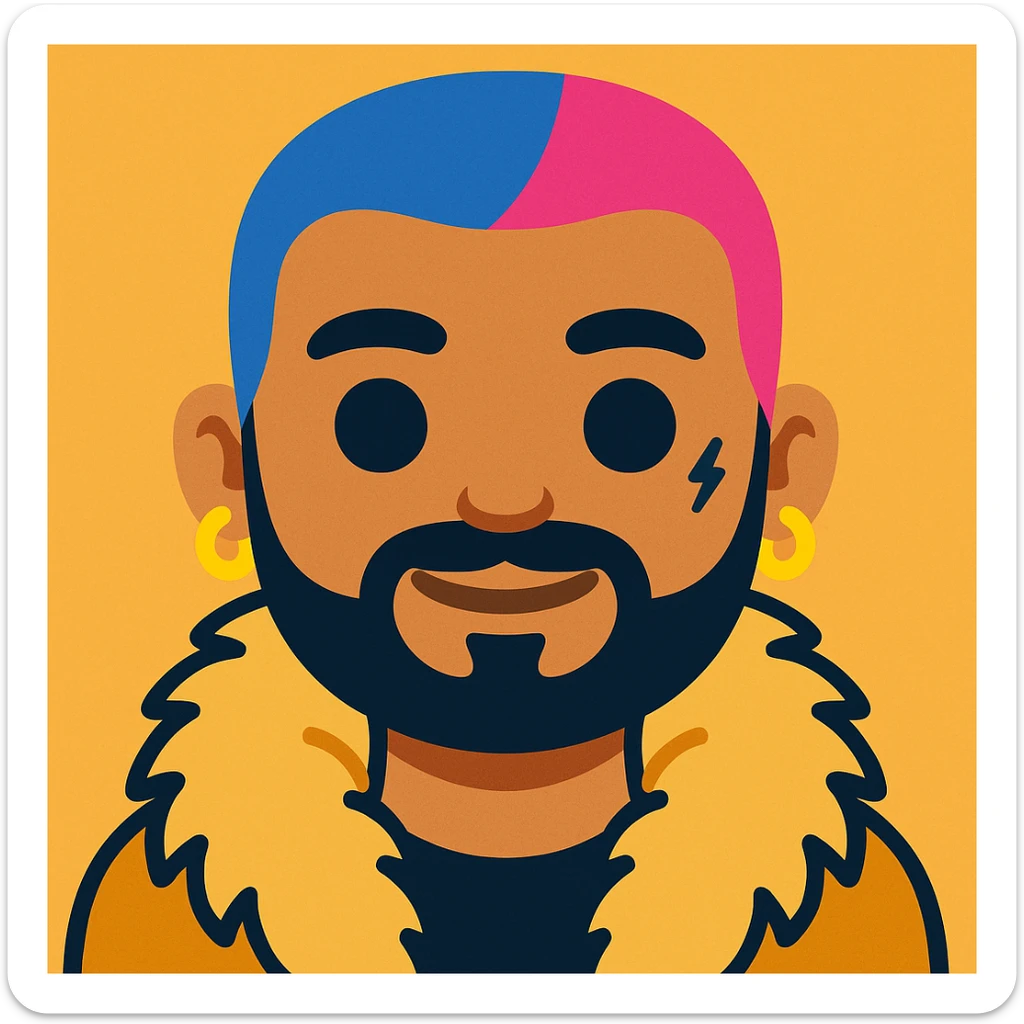 Create an emoji style image of a character with short blue and pink hair, beard, earrings, facial tattoo, wearing a fur coat, and natural skin tone. The style should resemble emoji style. sticker