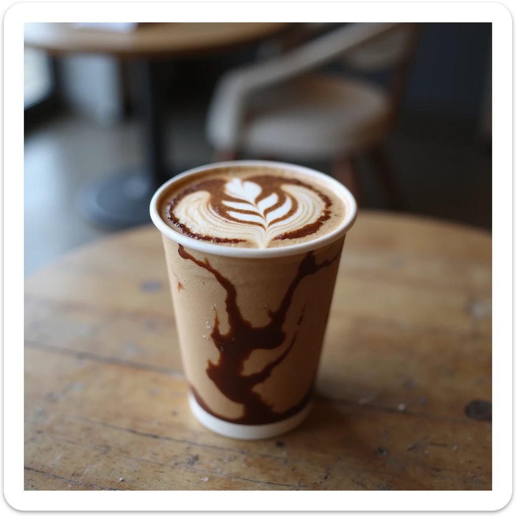 a realistic cup of mocha, photorealistic style, takeaway paper cup with mocha art, chocolatey swirls, modern café setting sticker
