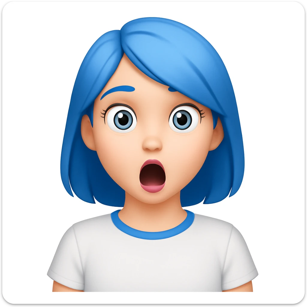 emoji of a girl with blue hair to shoulders, blue eyes, pink lips, wearing a white shirt, surprised expression sticker
