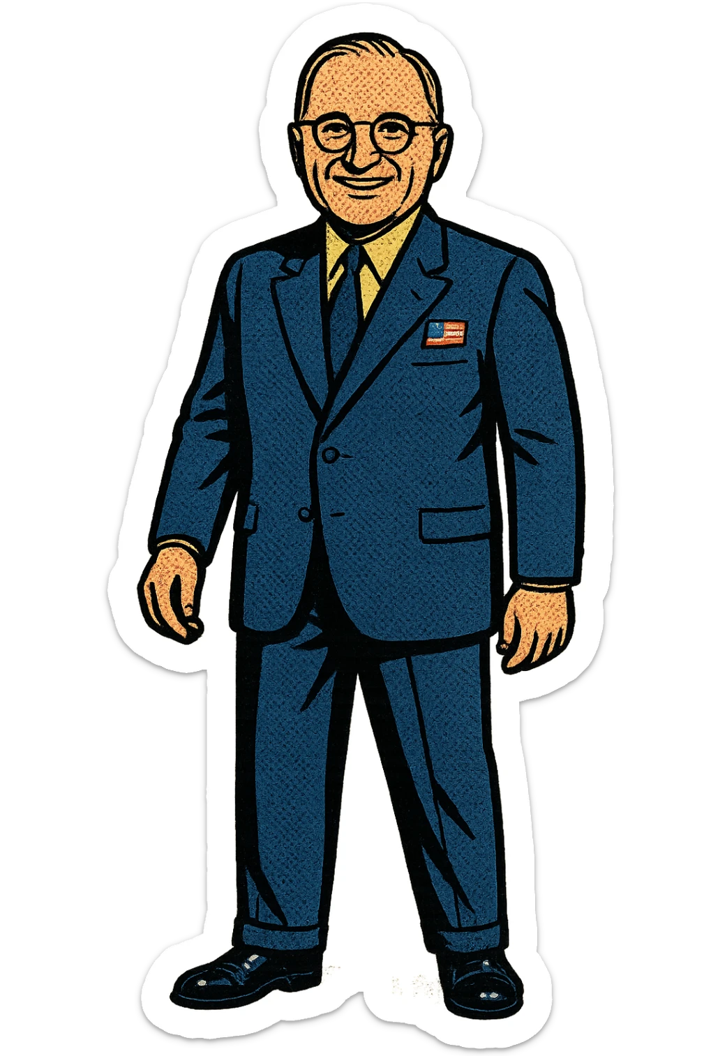 A full body image of a leader who looks like President Truman who is smiling, wearing a blue suit with a pale yellow shirt with an American Flag badge sticker