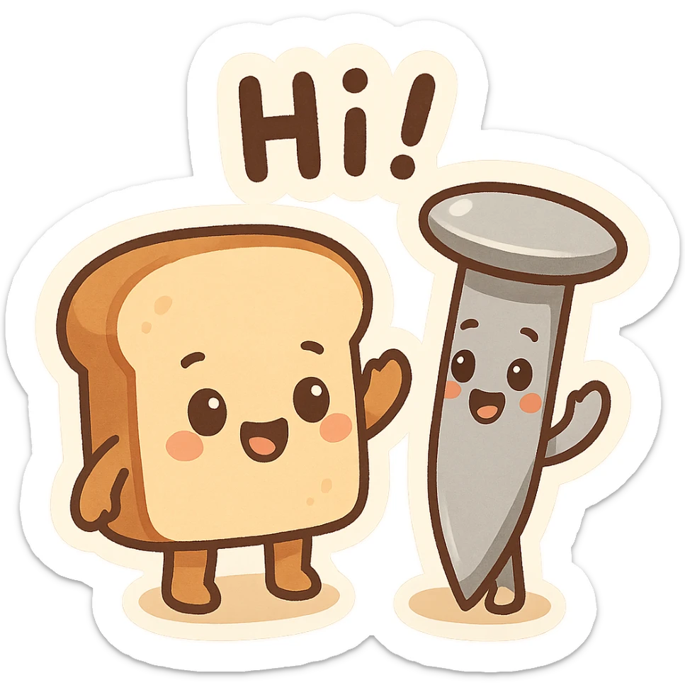 animated emoji of a bread and a nail greeting each other, cartoon style sticker