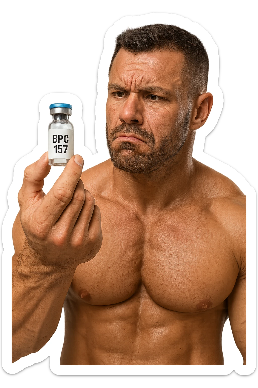 BODYBUILDER CHE TIENE IN MANO UNA FIALA MEDICA CON la scritta "BPC 157" SULL'ETICHETTA E LA GUARDA DUBBIOSO, iperrealistico 4k sticker