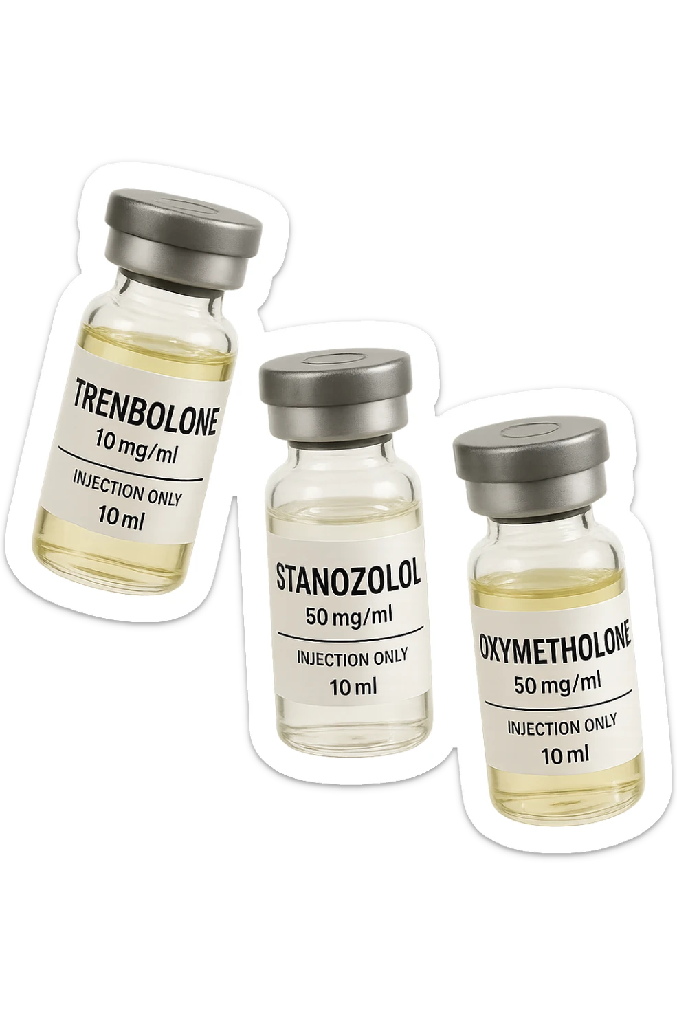 FIALE MEDICHE DI Trenbolone, stanozololo, oxymetholone FLUTTUANO IN ARIA, iperrealistico 4k, isolato su sfondo bianco sticker
