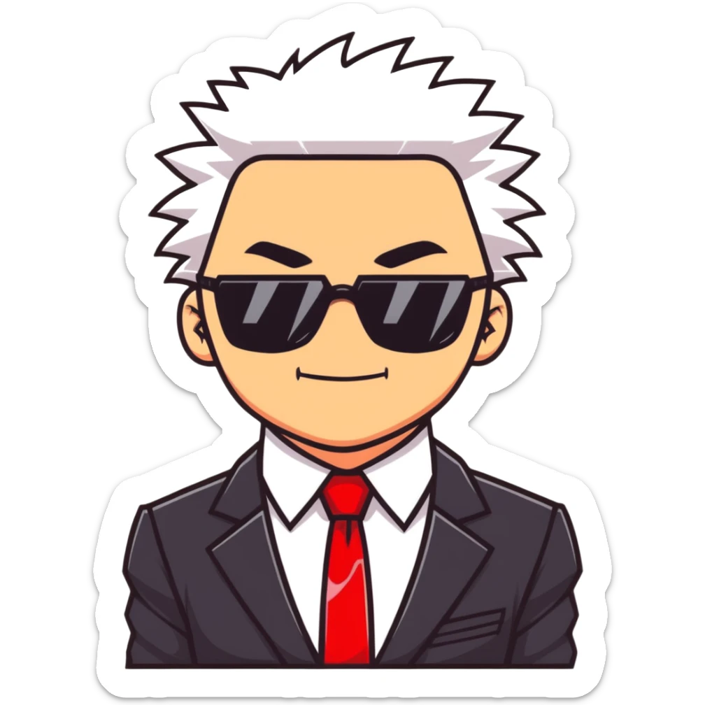 Satoru Gojo character with white spiky hair, black suit, red tie, sunglasses, and confident smirk sticker