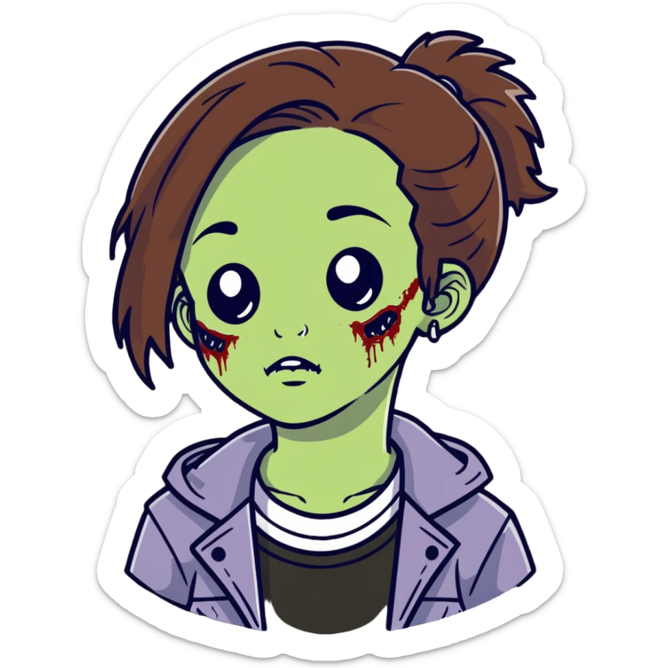 zombie teen girl with brown hair, grunge style, and septum piercing sticker