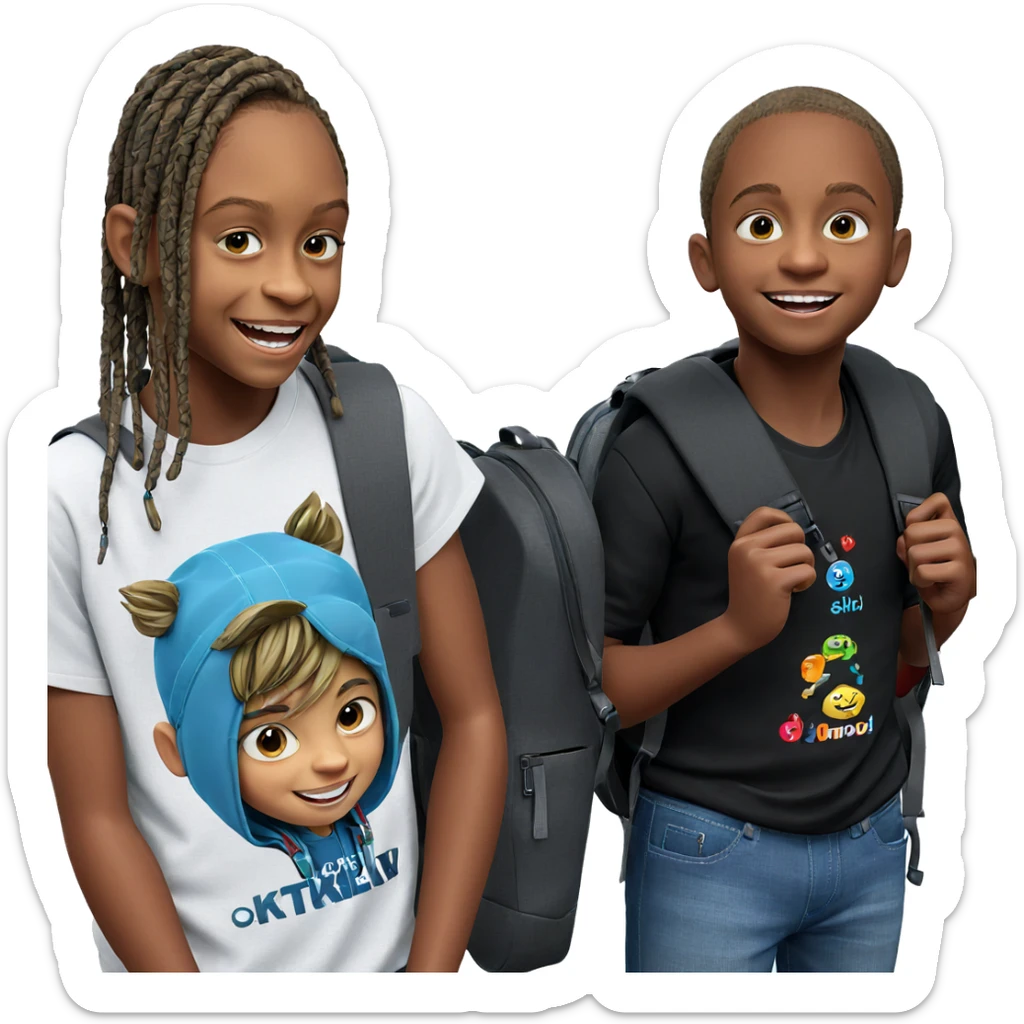 smiling boy with backpack sticker