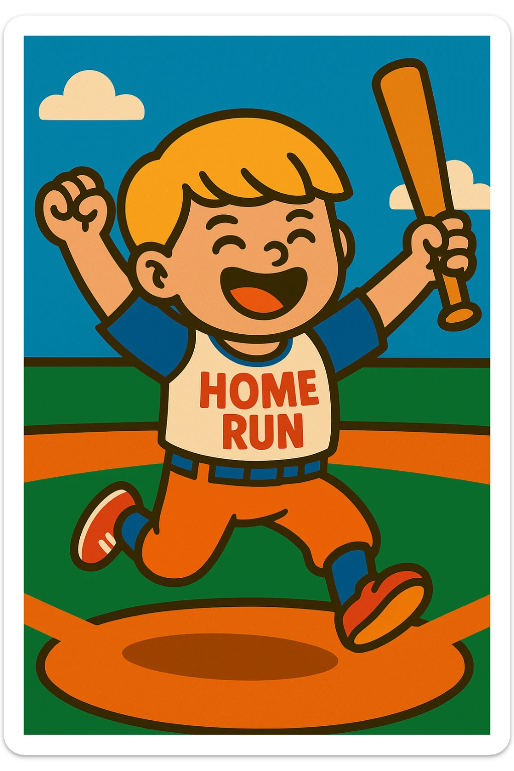 Change the boy's hair to blonde, keep the bowl cut, vibrant cartoon style, celebrating after hitting a home run in baseball, arms raised, bat in hand, joyful expression. sticker