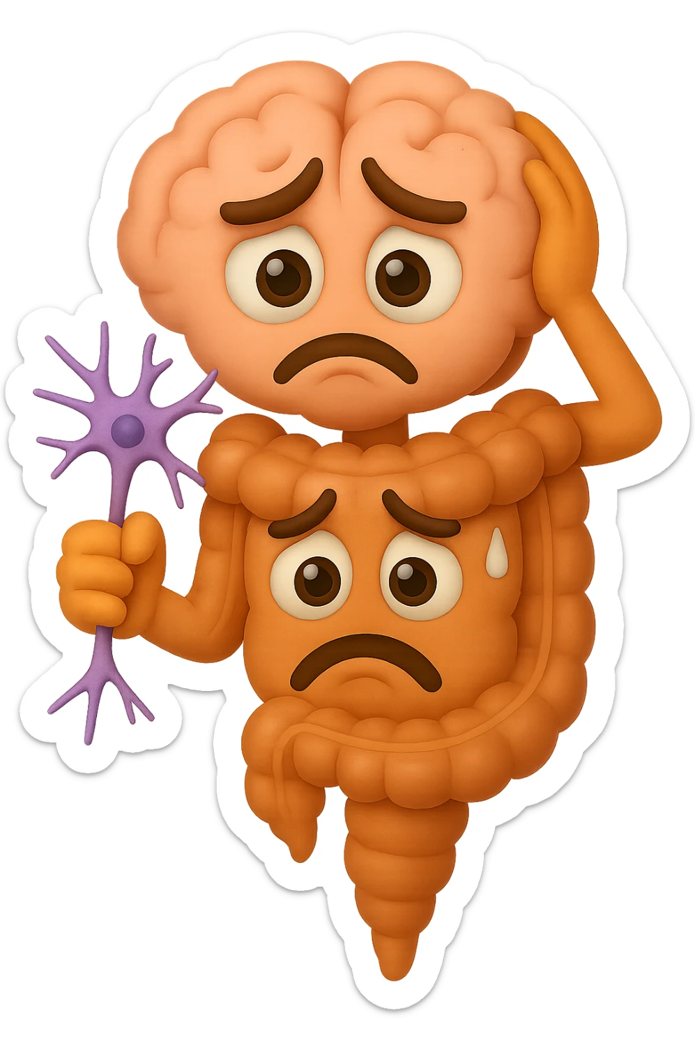 EMOJI STILE IPHONE DI UN INTESTINO collegato verticalmente ad un cervello mentre tiene in mano un neurone, espressione stressata, IPERREALISTICO 4K sticker