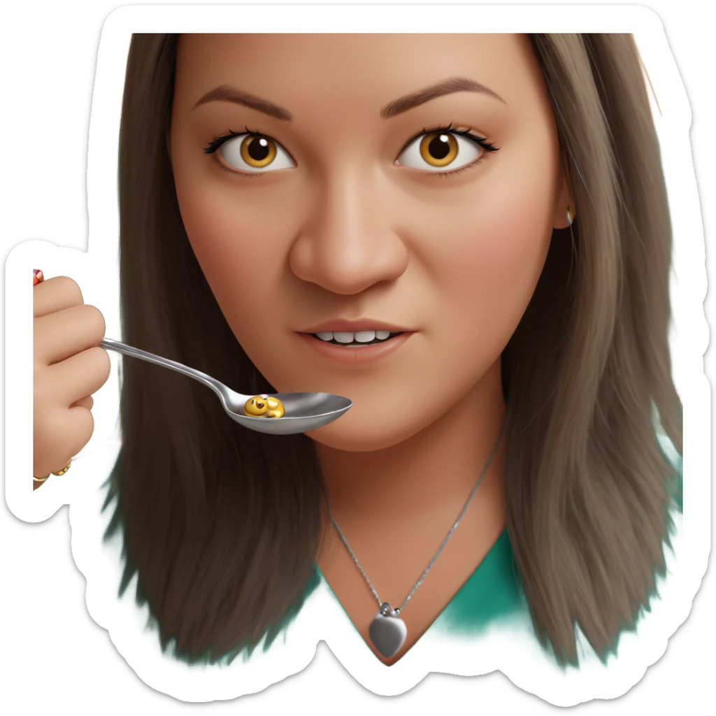 girl holding spoon and jewelry sticker