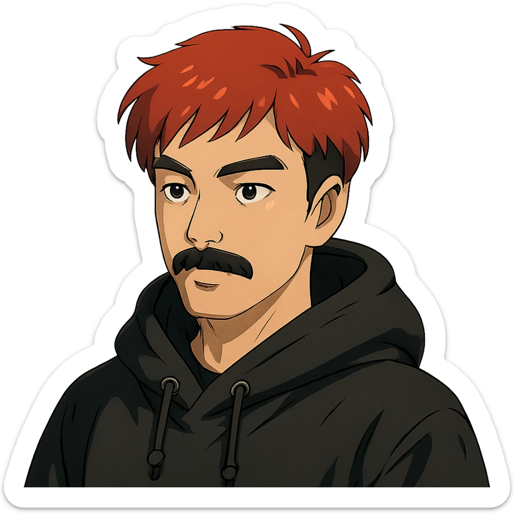 Asian man with black mustache, red hair, wearing a black hoodie in Japanese cyberpunk anime style sticker