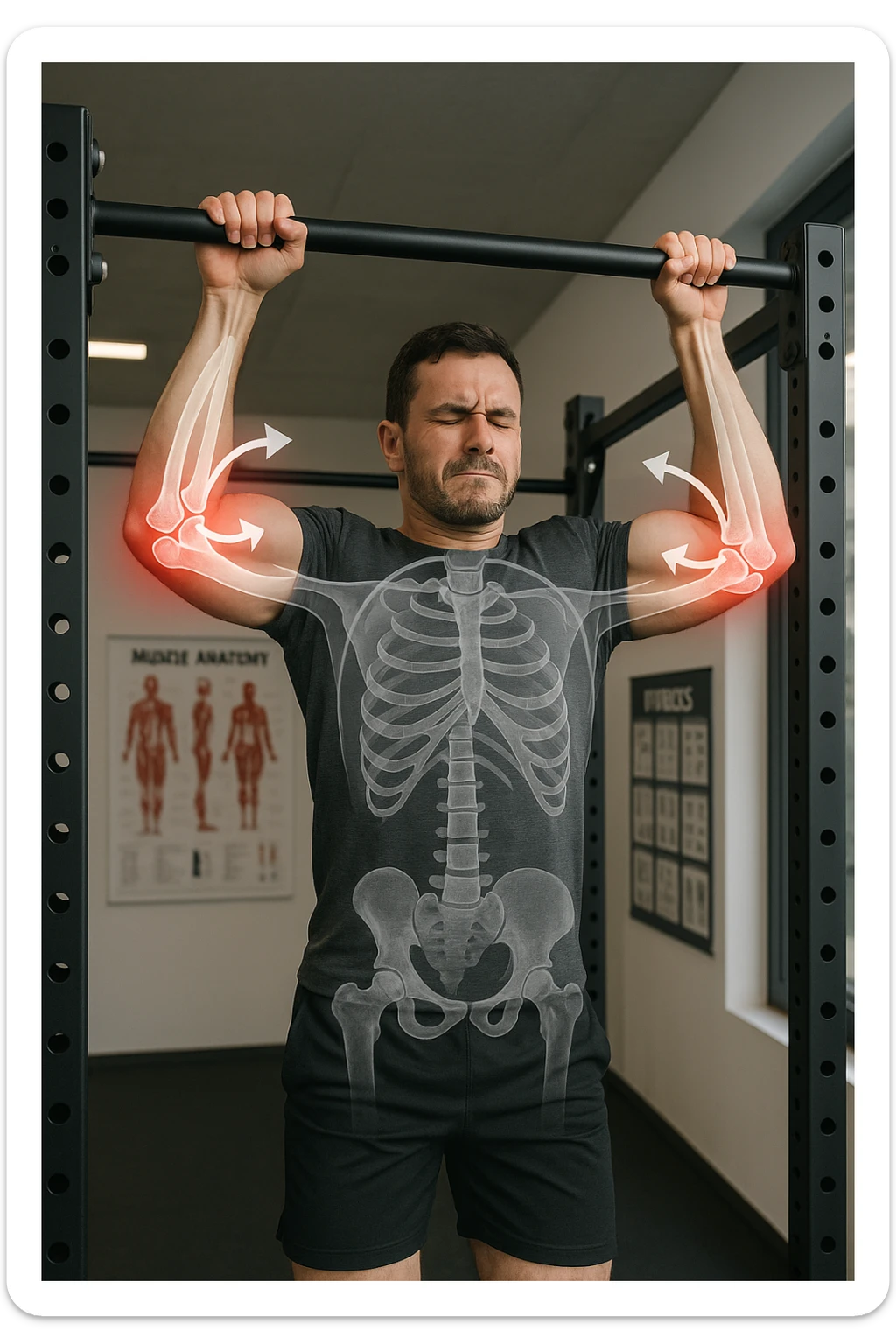 a man in gym clothes esegue una trazione alla sbarra con una tecnica visibilmente scorretta—gomiti troppo larghi o polsi piegati in modo innaturale. I gomiti sono evidenziati con un alone rosso acceso per indicare dolore o infiammazione. Un diagramma trasparente mostra le forze errate applicate sull’articolazione. La scena è ambientata in una palestra moderna, con poster educativi sullo sfondo. sticker