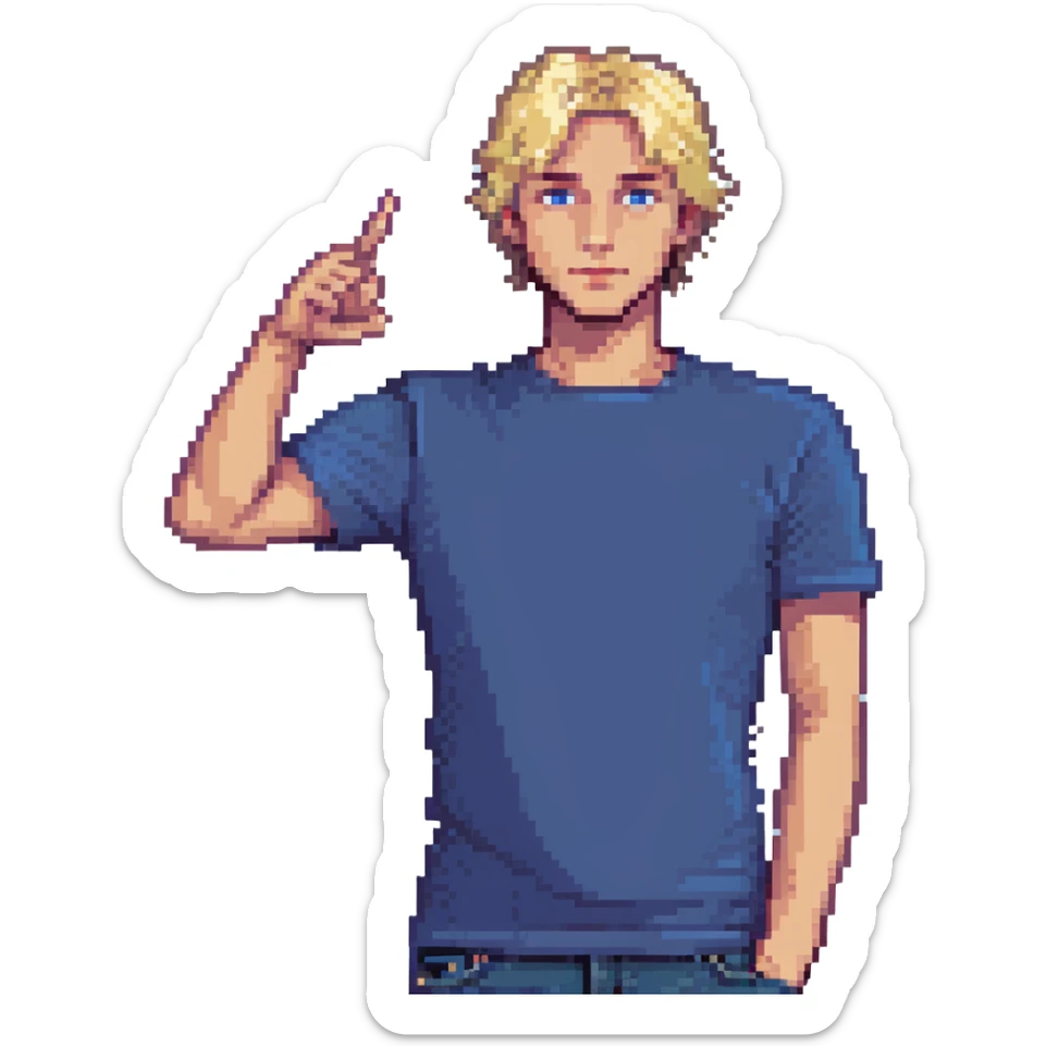 Flat pixel art, confident male leader, Caucasian, short neat blonde hair, sharp eyes, indigo T-shirt, one arm raised gicing direction, waist-up, front-facing sticker