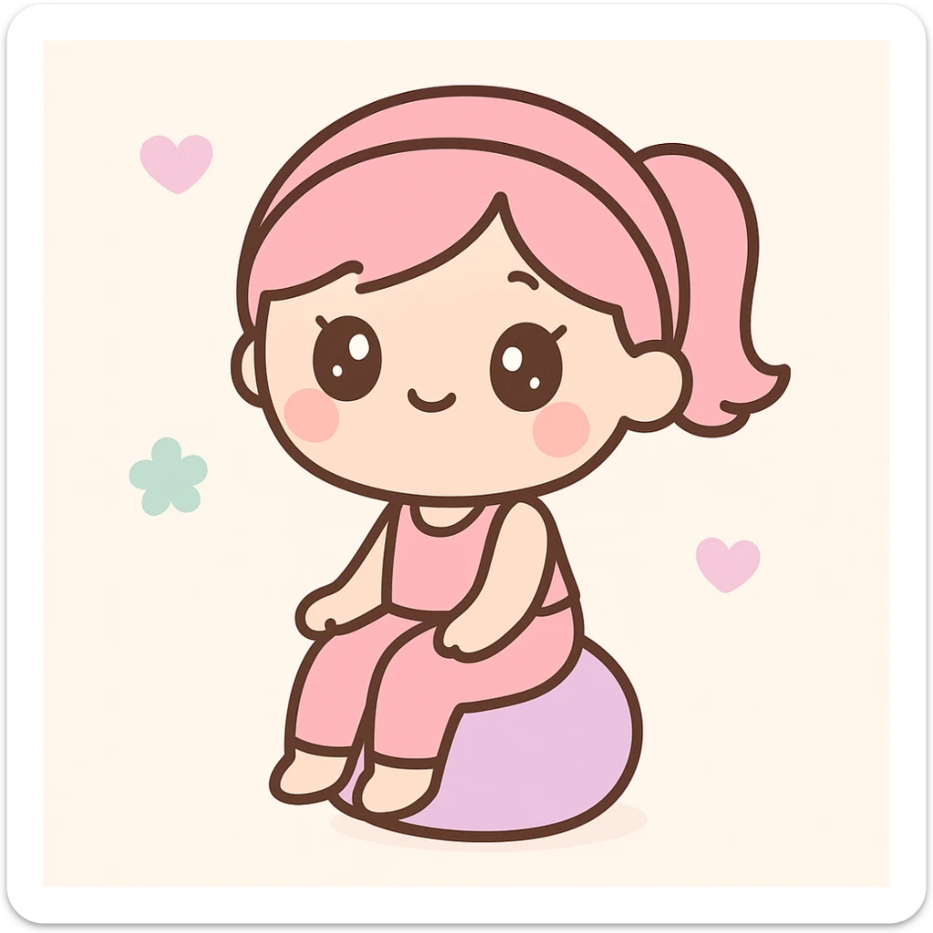 a pink pilates girl, kawaii style, big eyes, pink headband, sitting on a pilates ball sticker